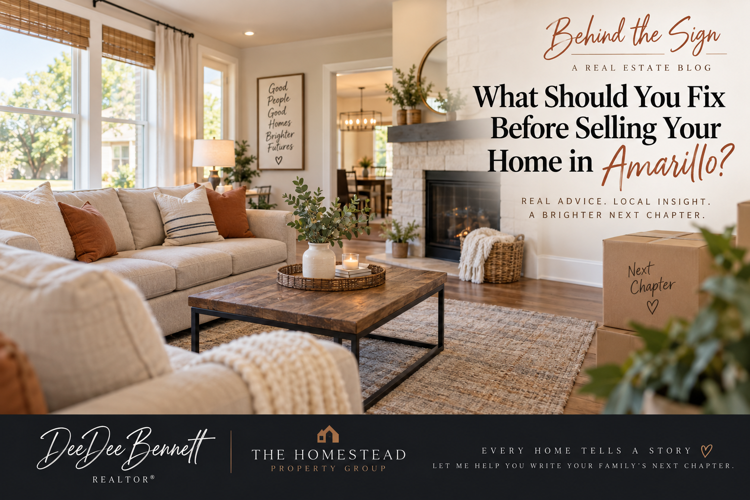 Staged living room prepared for selling a home in Amarillo, Texas